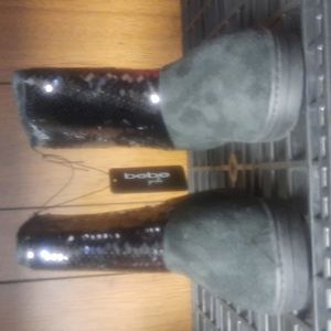 Bebe Girls Black Sequined Faux Fur Lined-Micro-Suede Boots Size 12 NWT